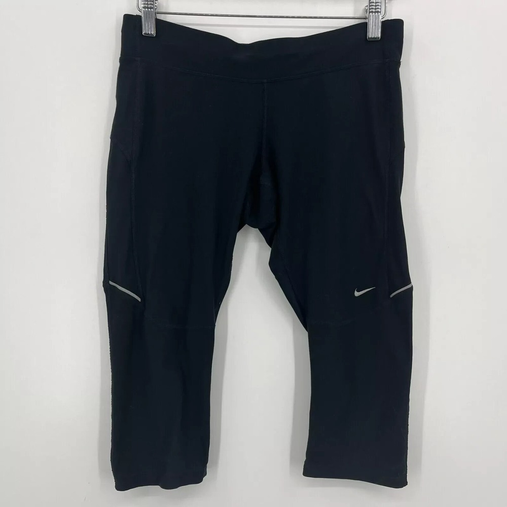 Nike Dri-FIT Womens Black Cropped Running Leggings Reflective Size M